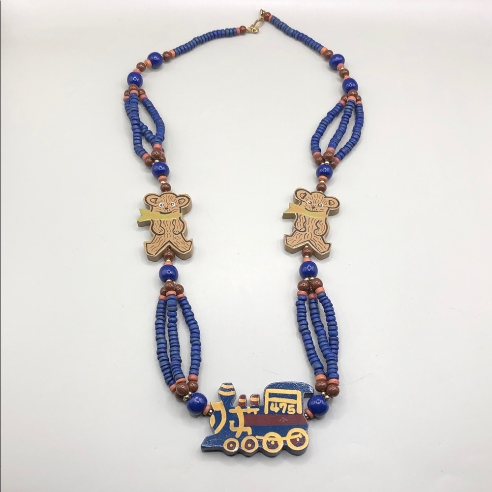 Vintage Lee Sands Whimsy Wooden Necklace Train and Teddy Bears Statement Look.